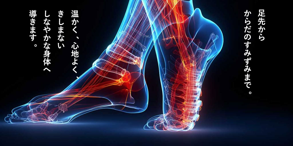 足先から、からだのすみずみまで。温かく、心地よく、きしまないしなやかな身体へ導きます。